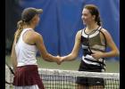 Thunder senior Abby Ecker (R) was all smiles after winning the Section 5A title with a three-set victory over Sauk Centre’s Morgan Kranz (L).