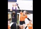 Ashley Perish went up for one of her eight kills on the night against Sebeka for the Tigers’ first home game of the season in their new home court in Clarissa.
