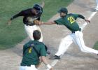Predators pitcher Logan Riedel was able to tag the Sauk Centre runner attempting to score on a squeeze bunt.
