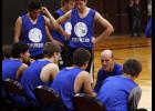 Thunder head coach Brandon Puck talked to his team during a timeout at last Saturday’s scrimmage in Sauk Centre.