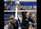 LPGE senior middle hitter Ariana Gamradt (14) makes a play at the net against Little Falls senior Melanie Dorn (1).