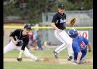 Thunder second baseman Hudson Pung (L) attempted to reel in the throw and place the tag on the Pequot Lakes runner with shortstop Sam Olson backing up the play (M).