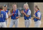 Last season’s Thunder team made a run to the final four of the Section 6AA tournament. From left: Ally Ecker, Rachel Middendorf, Emma Liebsch, and Tristen Marcyes celebrate after a walkoff playoff win. All four are back this season.