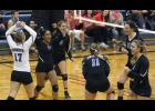The Thunder celebrate after scoring a point during the fifth set against Osakis. LPGE picked up its first set win against the Silverstreaks since 2013.