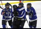 From left: McKayla Woods, Kenzie Christianson, Abby Ecker, and Mikayla Olson celebrate after Christianson netted the game winning goal against Park Rapids with just 22 seconds left .