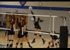 Senior outside hitter Carolyn Dinkel went up for an attack against the Pillager defense during last Thursday’s match.
