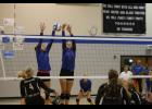 Juniors Rachel Middendorf (L) and Taylor Kingston (R) went up for a block against Browerville/Eagle Valley.