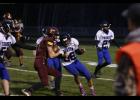 Thunder junior Cody Johnson lowered his shoulder to make a tackle on Pillager’s Ridge Hunstad.