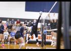 Brianna Lux tipped the ball at the net against Browerville/Eagle Valley.