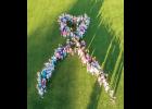 Participants in the Long Prairie Area Relay for Life gathered at this year’s event to form a ribbon at the Long Prairie-Grey Eagle High School track.