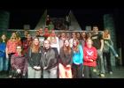 The players in the production of Shrek include, in front, Noelle Kedrowski, Annika Gunderson, Caitlyn Douvier, Samantha Thieschafer, Cheryl Zimmerman, and Anna Woidoyla. Second row: Anna Blonigen, Lynsey Baggenstoss, Mason Lange, Andy Ripplinger, Stefani Pohlmann, Colin Prom, Shelby Krebs, McKenzie Barth, and Andrew Prokott. Third row: Cody Rahn, Bennett Westrich, Quade Evoniuk, Jarick Riefer, Rachel Prom, Alex Roerick, Samantha Blonigen, Alexis Krebs, Mia Roerick, and Jenna Ripplinger. In the tower: Brando